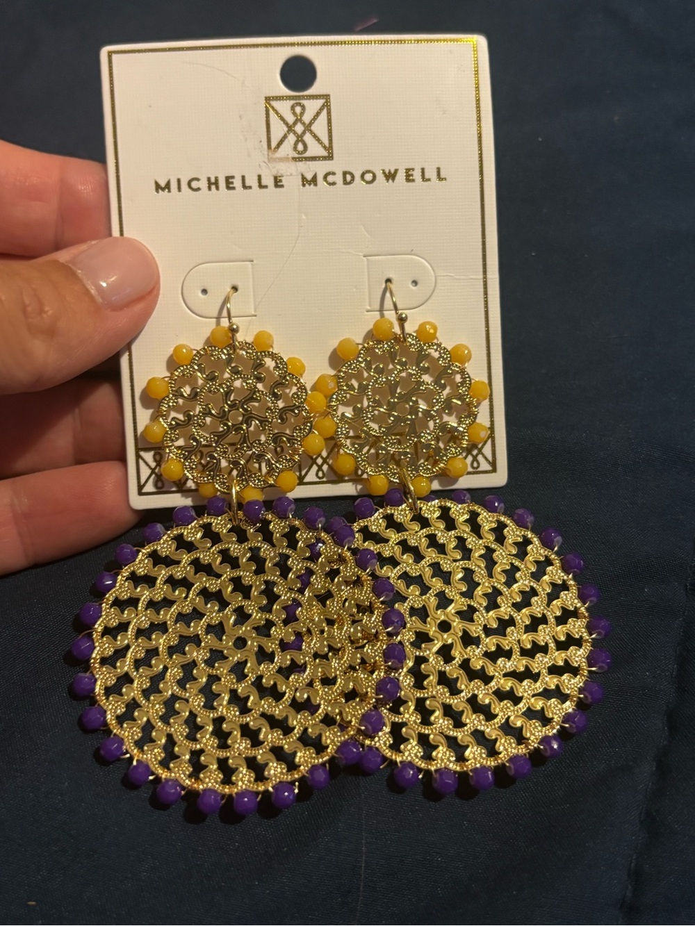 Michelle McDowell Gold Filigree Disc Earrings with Purple/Yellow Beads-ECU/LSU